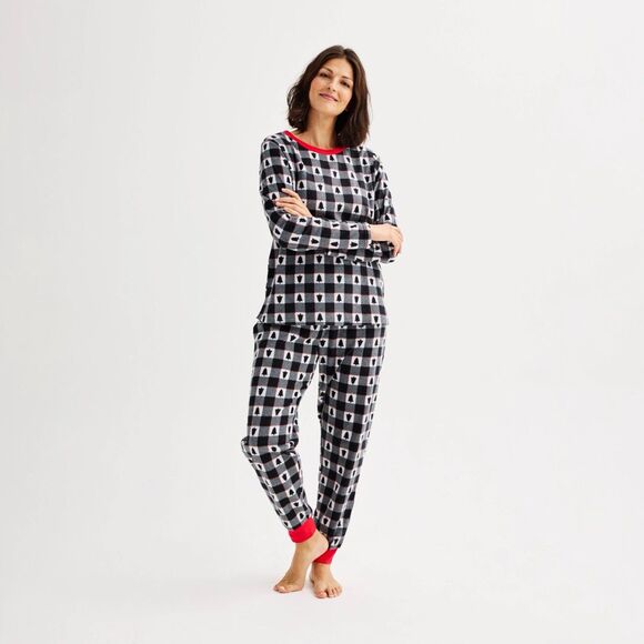 Jammies for your Families Womens Pajamas Set  Medium Plaid Trees Top Jogger NWT - Picture 1 of 11